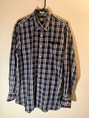 Peter Millar Navy Plaid Button-Down Shirt with White & Light Purple Stripes LG